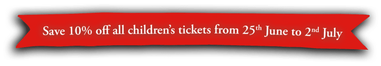 Red ribbon banner reading 'Save 10% off all children’s tickets from 25th June to 2nd July' – special summer discount for Christmas at Bewl Water family events in Kent